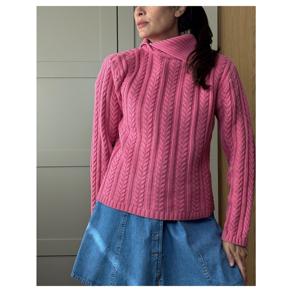 Wainscott Pink Cable Knit Split Turtleneck Cotton Sweater Womens Small